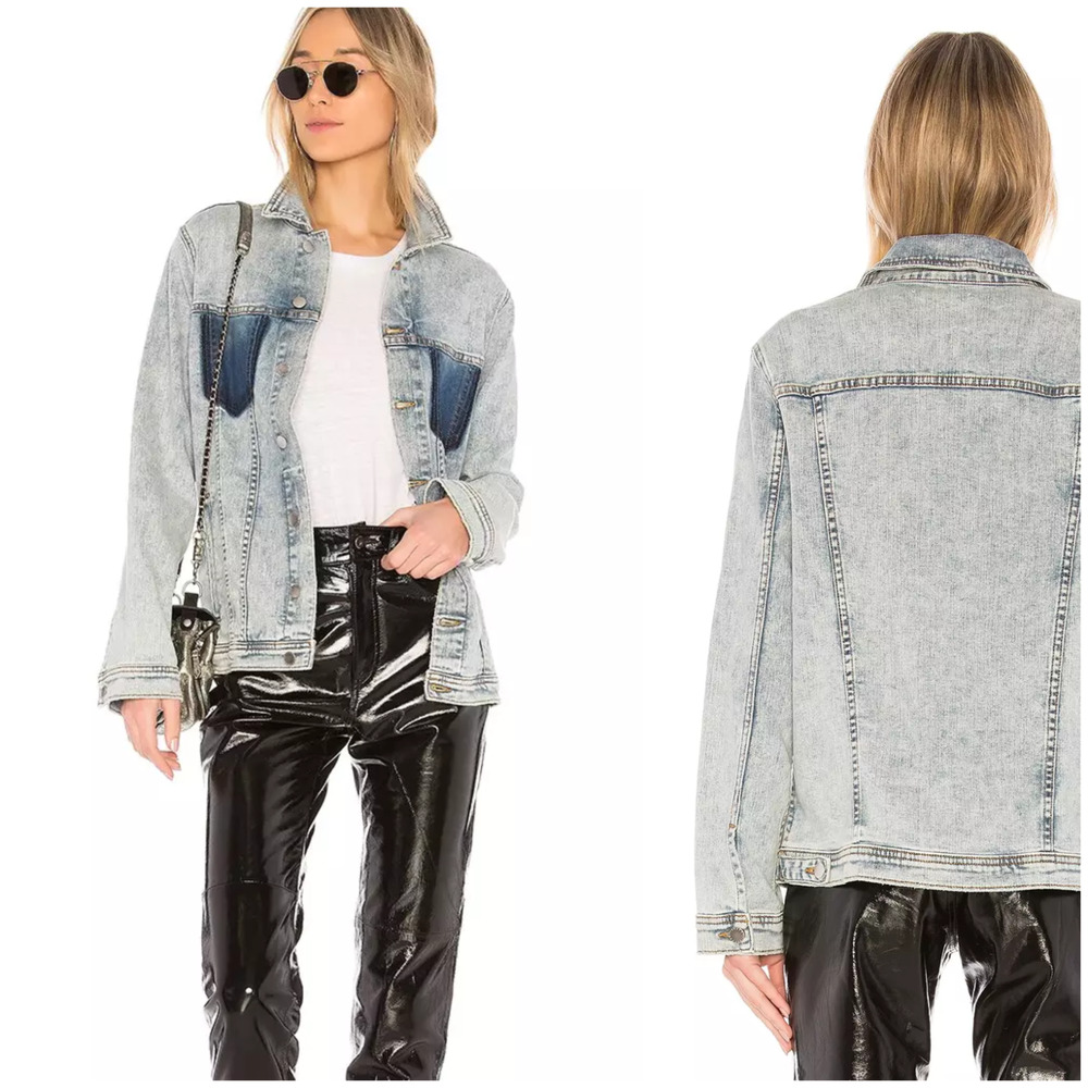L'AGENCE Light Wash Denim Jacket with Dark Wash Pocket Accents